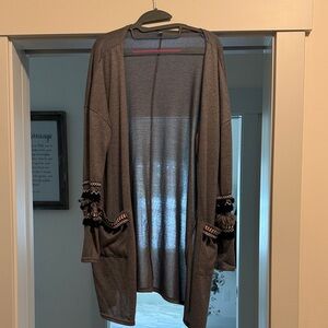 Gray Open Front Cardigan with Embroidered Sleeves